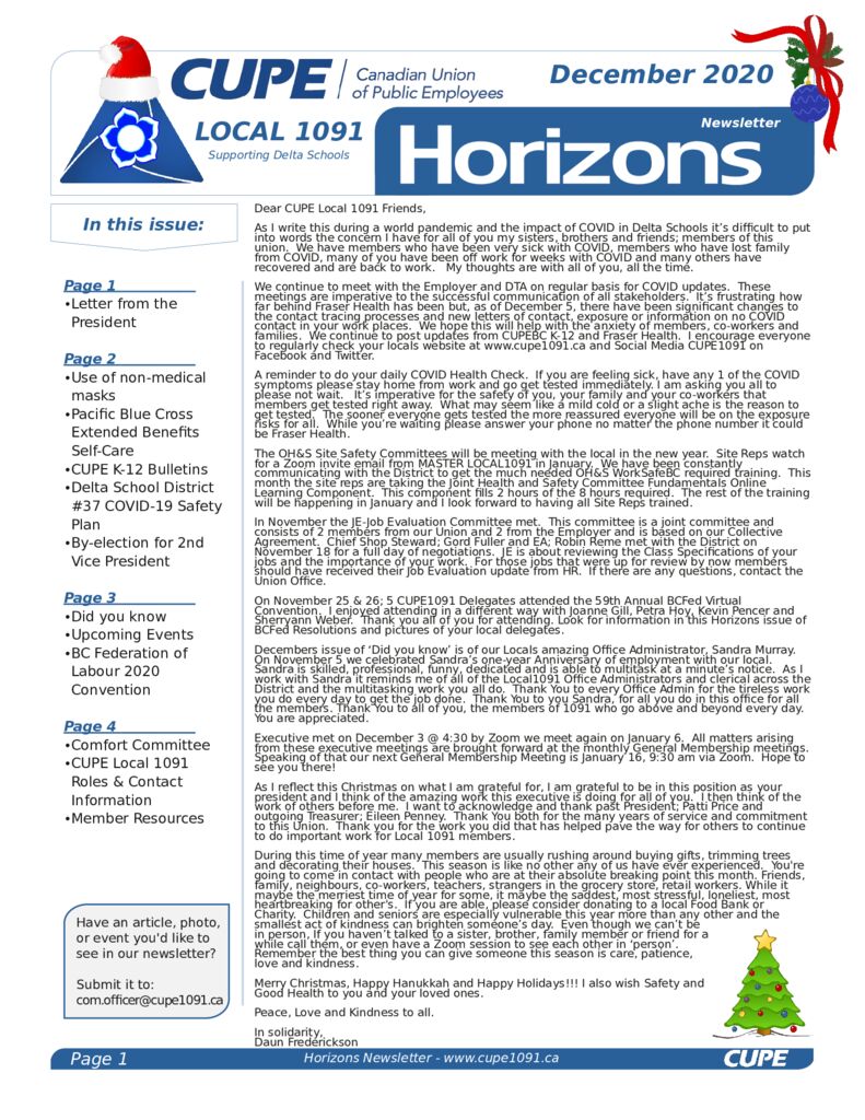 thumbnail of CUPE Local 1091 – Horizons Newsletter – December 2020