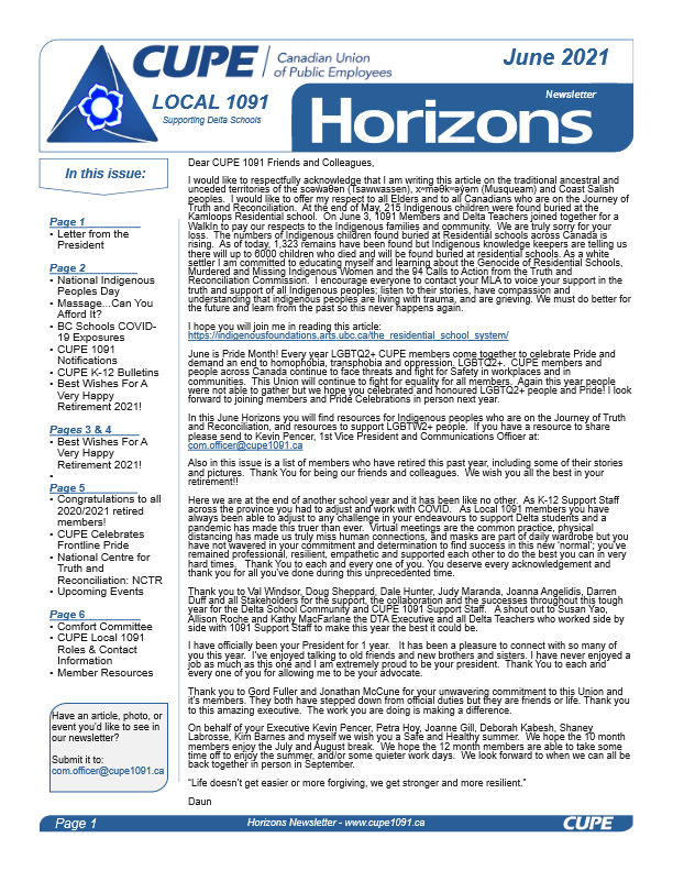 thumbnail of CUPE Local 1091 – Horizons Newsletter – June 2021