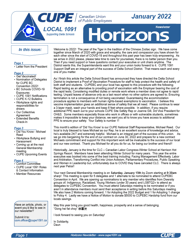 thumbnail of CUPE Local 1091 – Horizons Newsletter – January 2022