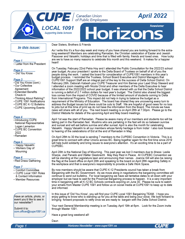 thumbnail of CUPE Local 1091 – Horizons Newsletter – April 2022