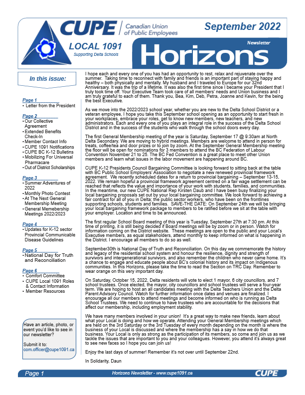 thumbnail of CUPE Local 1091 – Horizons Newsletter – Sept 2022