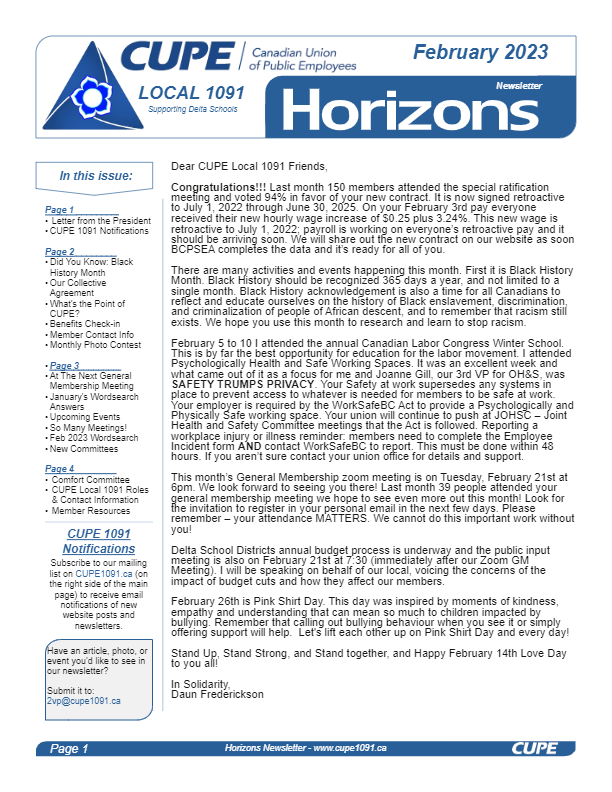 thumbnail of CUPE Local 1091 – Horizons Newsletter – Feb 2023