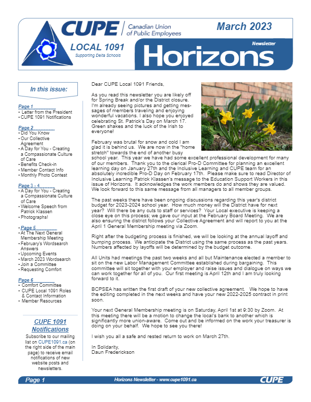 thumbnail of CUPE Local 1091 – Horizons Newsletter – Mar 2023