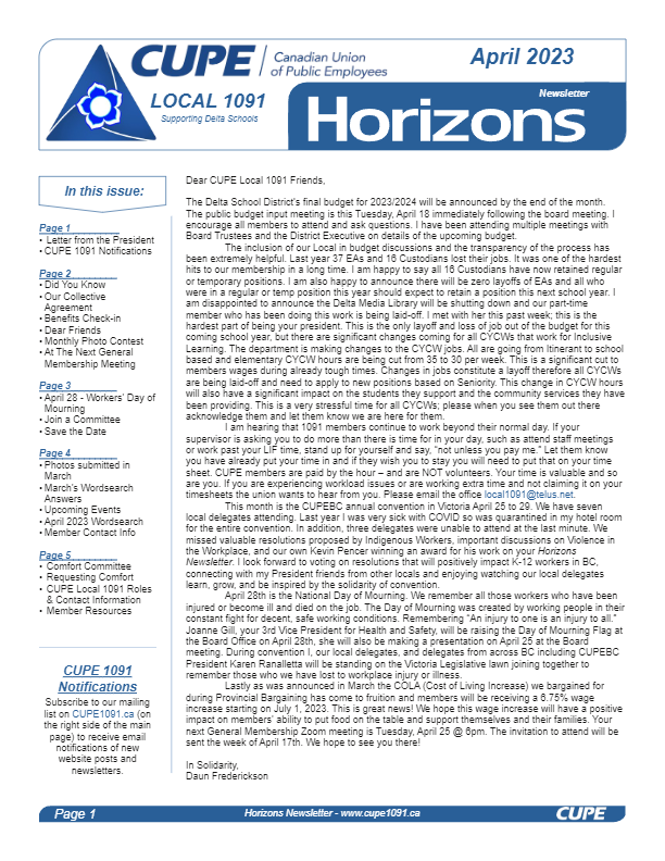 thumbnail of CUPE Local 1091 – Horizons Newsletter – Apr 2023