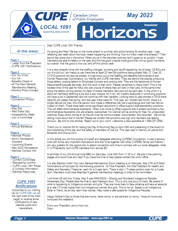 thumbnail of CUPE-Local-1091-Horizons-Newsletter-May-2023