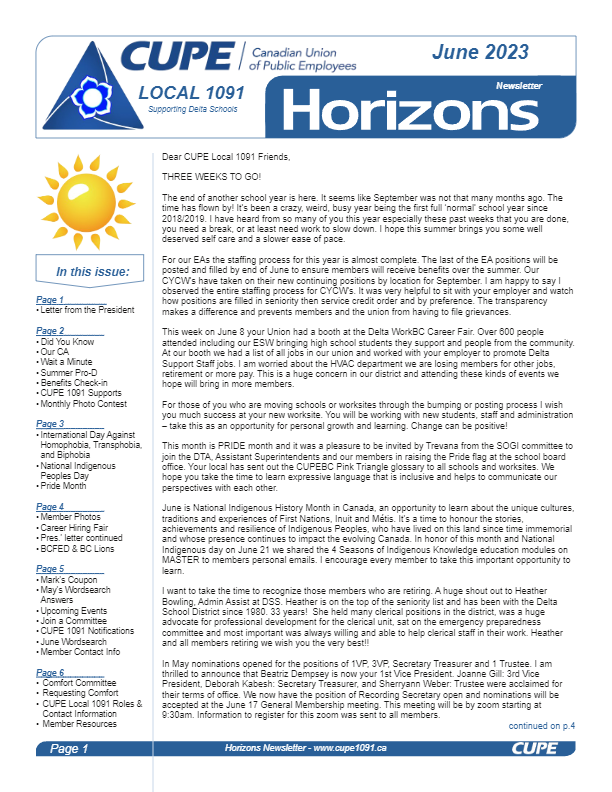 thumbnail of CUPE Local 1091 – Horizons Newsletter – June 2023