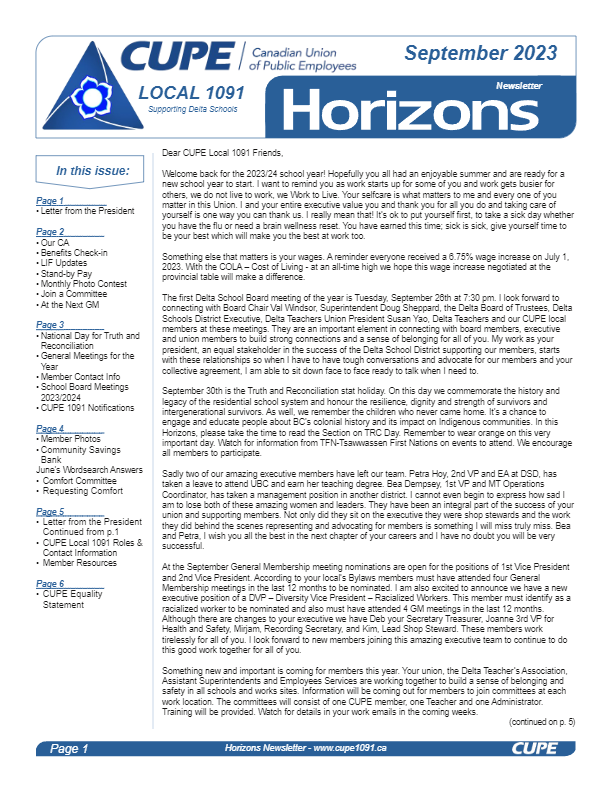 thumbnail of CUPE Local 1091 – Horizons Newsletter – September 2023